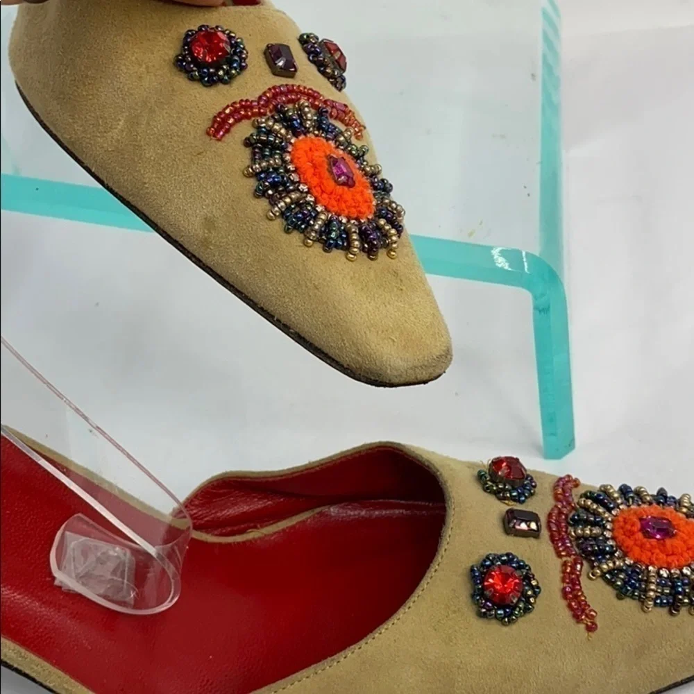 Fendi Sz 9.5M Beige Suede Beaded Ankle Strap Heels